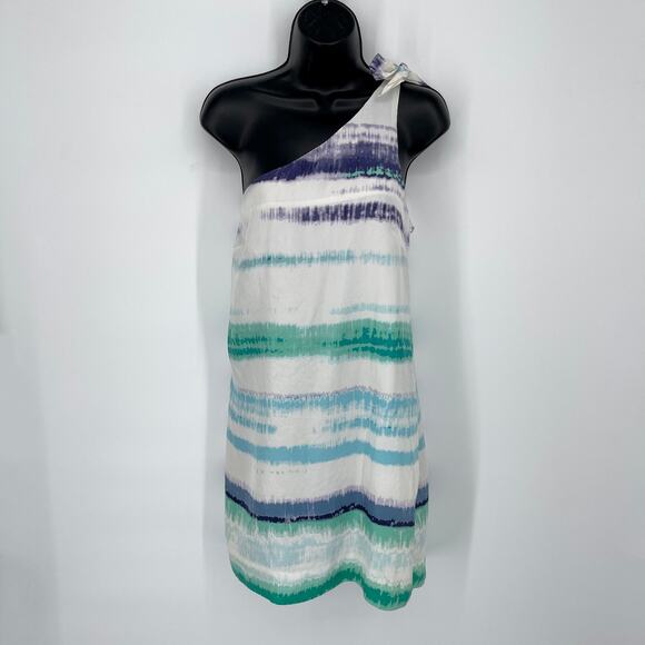 Banana Republic Silk Muted Stripes One Shoulder Mini Dress Sz 14 Multicolor - Picture 1 of 11